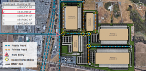 Photo of Contra Costa County Logistics Center showing Buildings 1 to 5. Labeled with public roads, private roads, entry and BNSF railroad location